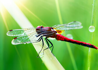 macro closeup photo of a dragonfly on blurred green natural background, sun rays, water droplets created with generative ai technology