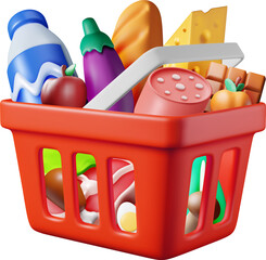 3D Shopping Plastic Basket with Fresh Products