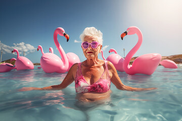 Confident senior woman with short grey hair in pink bikini sitting in the swimming pool with big inflatable flamingos. Concept of kidcore aesthetic.