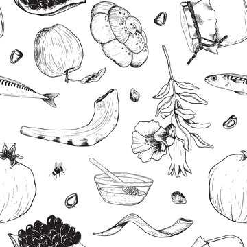 Jewish Rosh Hashanah vector seamless pattern in vlack and white for New year gift wrapping with pomegranates fruits and flowers, honey, apples, fish, challah and shofar
