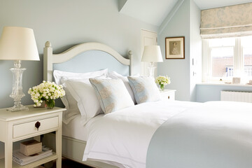 Pale blue bedroom decor, interior design and holiday rental, bed with elegant bedding and...