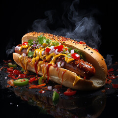 Hot dog on the dark backgroun. Made with generative ai