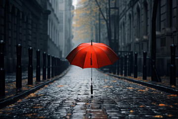 A red umbrella in the middle of a rain soaked road in a rainy day 