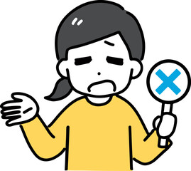困った顔でバツのサインを出す私服の若い女性(上半身・正面)