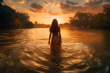 Fototapeta premium woman in the river at sunset