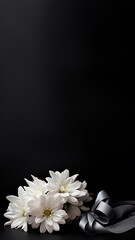 White Chrysanthemum with black ribbon on background for funeral card or commemorate wallpaper