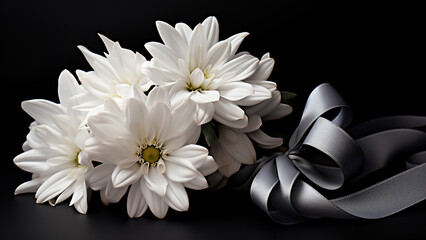 White Chrysanthemum with black ribbon on background for funeral card or commemorate wallpaper