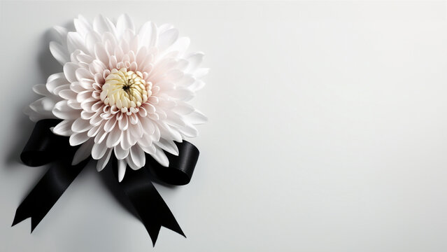 White Chrysanthemum with black ribbon on background for funeral card or commemorate wallpaper - Powered by Adobe