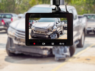 Car CCTV camera video recorder with car crash accident on the road - obrazy, fototapety, plakaty