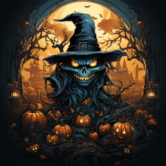 halloween background with black witch pumpkin and bats