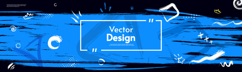 Paint brush and shapes. Blue backdrop with paint scratches. Vector illustration. Modern horizontal banner. Design for wallpaper.