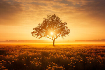 sunset in the desert with one artistic tree in the foreground, sun shining through the tree