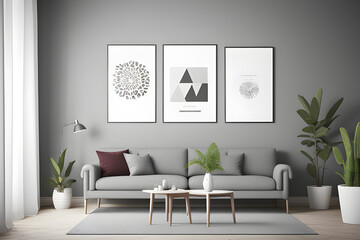 Poster frame mock up on modern interior background, gallery wall in gray living room, Scandinavian Boho style, 3d render, 3d illustration.