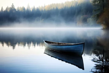 Keuken foto achterwand Mistige ochtendstond A boat in a pristine lake on a foggy morning