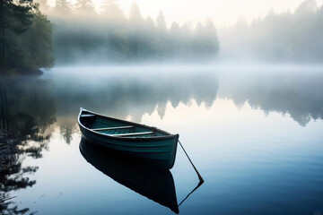 A boat in a pristine lake on a foggy morning