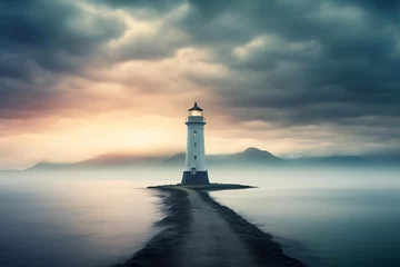 Wandcirkels aluminium lighthouse on the coast with a dramatic cloudy day © Hasanul