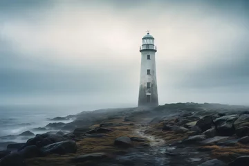 Foto op Canvas lighthouse on the coast with a dramatic cloudy day © Hasanul
