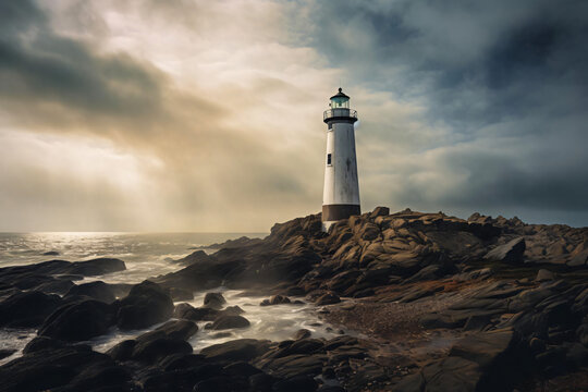 lighthouse on the coast with a dramatic cloudy day