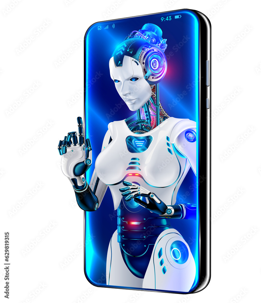 Aufkleber Chatbot GPT in image robot woman with Artificial intelligence on screen phone. AI provide access to information and data in internet. AI in form of woman cyborg or bot coming out of screen phone.