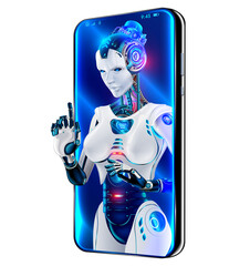Chatbot GPT in image robot woman with Artificial intelligence on screen phone. AI provide access to information and data in internet. AI in form of woman cyborg or bot coming out of screen phone.