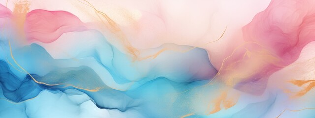 Abstract watercolor paint background illustration web design - Soft blue pink pastel color waves and gold lines, with liquid fluid marbled paper texture banner texture (Generative Ai)