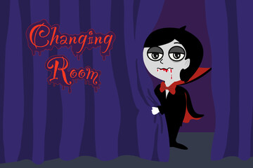 Vector cartoon drawing for Halloween  holiday celebration, young man Vampire with red blood on mouth in black suit standing behind dark blue curtain in scary changing room