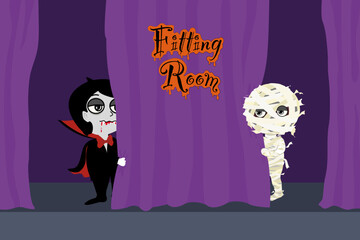 Vector cartoon drawing for Halloween  holiday celebration, young man Vampire with red blood on mouth in black suit, a boy Mummy in gray white cloth standing behind violet curtain in scary fitting room