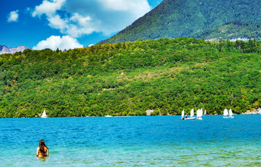 Annecy lake with Alps mountains on background