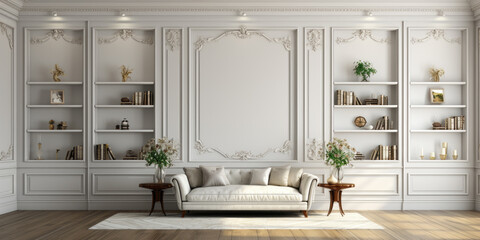 Neoclassical living room interior design with wooden bookshelves. Generative AI