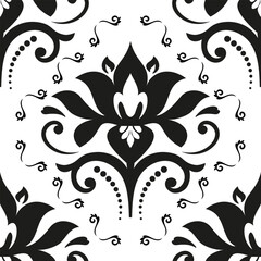 Floral black and white vector ornament. Seamless abstract classic background with flowers. Pattern with repeating floral elements. Ornament for wallpaper and packaging