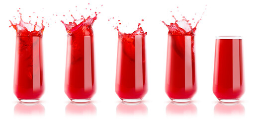 Set of five cherry fresh red juices in glass with reflection, calm and with drops and splashind isolated on white background. Vitamin organic summer drink with splashes, drops and motion in glass.