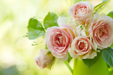 pink rose flowers on beautiful blur background. Pink roses bouquet in a garden