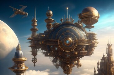 a steampunk metropolis floating in the sky, powered by a mesmerizing celestial energy