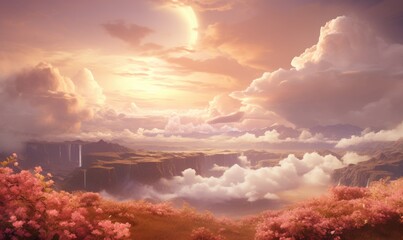 The painting depicts a beautiful landscape with a sunny sky and fluffy clouds.