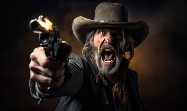 In the portrait, the cowboy is frozen in action, his revolver blazing.