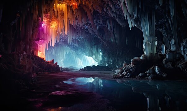 Journey into the depths of an intricate rainbow crystal cave. © uhdenis