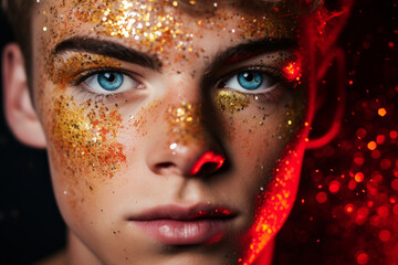 Naklejka premium young man model with glitter make up close up, beauty shot