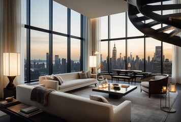 Concept art illustration of luxury penthouse living room interior in New York city, Generative AI - obrazy, fototapety, plakaty