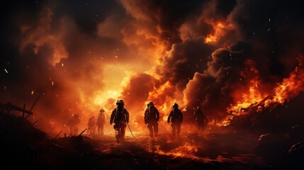 Fototapeta na wymiar Firefighters Fighting with the Fire, Brave and Strong Firefighting Teamwork. Generative Ai