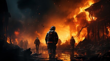 Firefighters Fighting with the Fire, Brave and Strong Firefighting Teamwork. Generative Ai