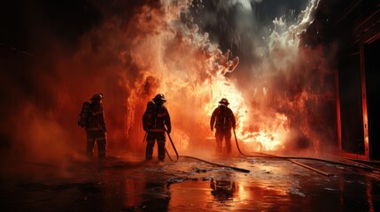 Firefighters Fighting with the Fire, Brave and Strong Firefighting Teamwork. Generative Ai