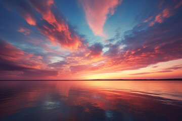 Photorealistic ai artwork of a sunset or sunrise over the sea. Dramatic clouds. Beautiful colors. Generative ai.