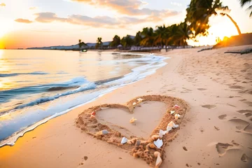 Foto op Plexiglas ein gemaltes herz mit einem stock im sand am strand, idyllisch meer beach urlaub see romantik heiratsantrag urlaubsflirt - generative ki © fotoak80