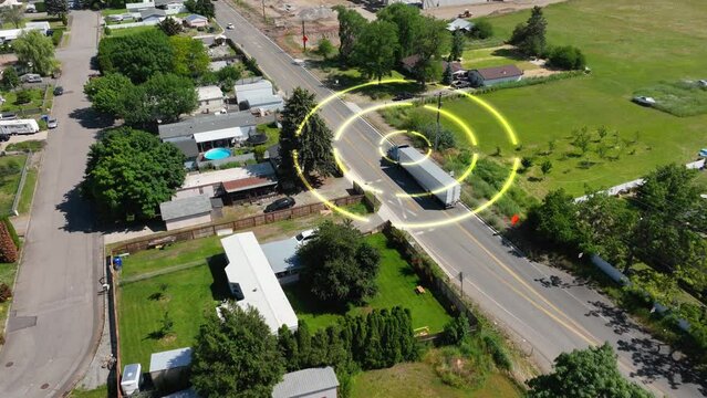 Self driving semi truck navigating rural roads on its way to the next destination.