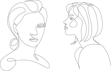 Continuous line, drawing of set faces and hair style, fashion concept, woman beauty minimalist, vector illustration of colorful abstract background