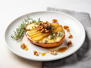 baked pears with blue cheese, honey, thyme and walnuts