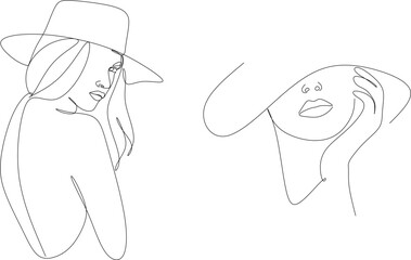 Abstract linear woman in hat. Minimal portrait. Head fashionable accessory. One line continuous. Beauty and glamour concept. Cap headgears for lady. Hand drawn vector illustration.