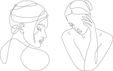 Continuous line, drawing of set faces and hair style, fashion concept, woman beauty minimalist, vector illustration of colorful abstract background