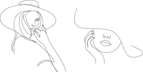 Abstract linear woman in hat. Minimal portrait. Head fashionable accessory. One line continuous. Beauty and glamour concept. Cap headgears for lady. Hand drawn vector illustration.