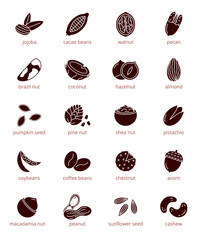 Silhouettes of nuts, beans and seeds vector icons set